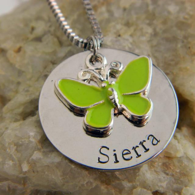 Kids Name Necklace with Lime Enameled Butterfly Charm